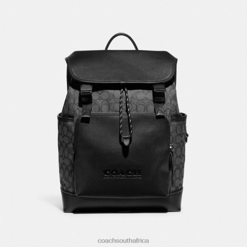 Coach Men LEAGUE FLAP BACKPACK IN SIGNATURE JACQUARD Charcoal/Black 4ZRDJ684