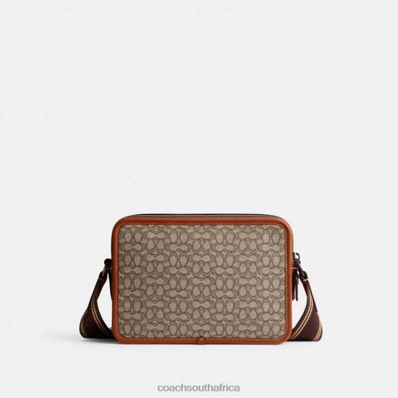 Coach Men CHARTER CROSSBODY 24 IN MICRO SIGNATURE JACQUARD Cocoa/Burnished Amber 4ZRDJ663