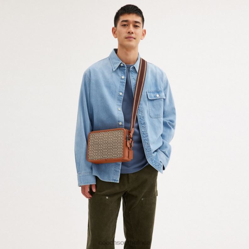 Coach Men CHARTER CROSSBODY 24 IN MICRO SIGNATURE JACQUARD Cocoa/Burnished Amber 4ZRDJ663