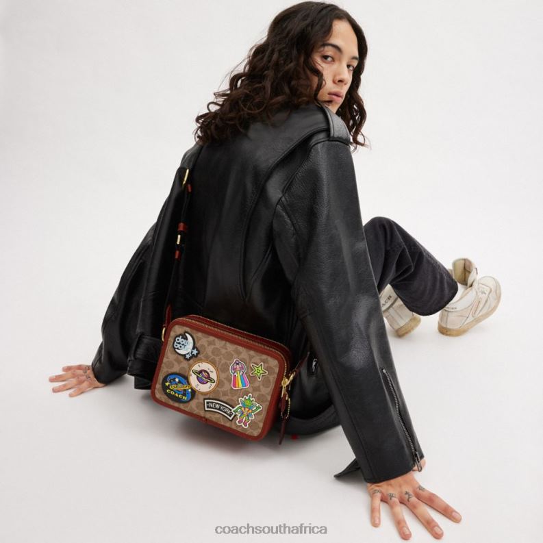 Coach Men COSMIC COACH CHARTER CROSSBODY 24 IN SIGNATURE CANVAS WITH PATCHES Tan/Rust Multi 4ZRDJ652