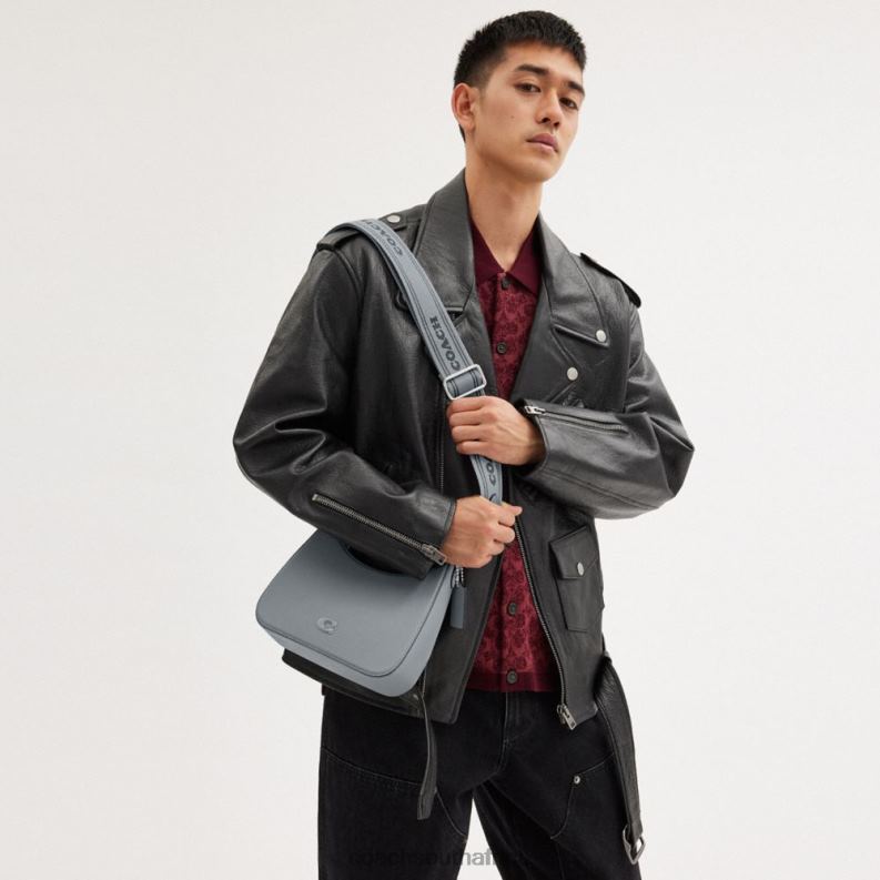 Coach Men HOBO CROSSBODY WITH SIGNATURE CANVAS Grey Blue 4ZRDJ666