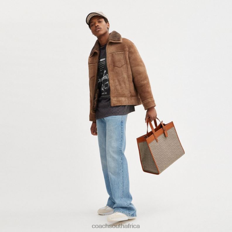 Coach Men FIELD TOTE 40 IN MICRO SIGNATURE JACQUARD Cocoa/Burnished Amber 4ZRDJ636