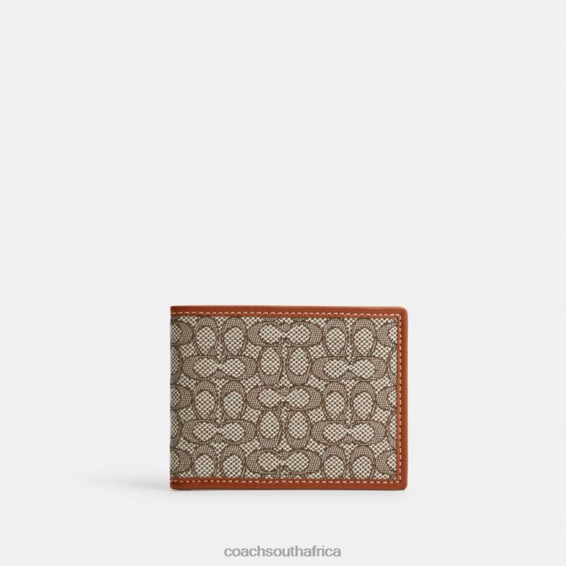 Coach Men SLIM BILLFOLD WALLET IN MICRO SIGNATURE JACQUARD Cocoa/Burnished Amber 4ZRDJ709