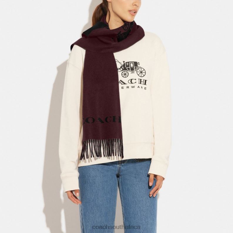Coach Women HORSE AND CARRIAGE CASHMERE MUFFLER WINE/BLACK 4ZRDJ559
