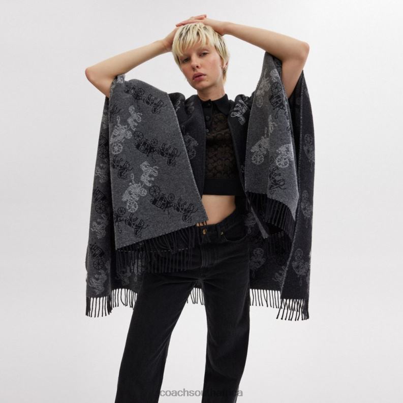 Coach Women REVERSIBLE HORSE AND CARRIAGE PONCHO Black 4ZRDJ556