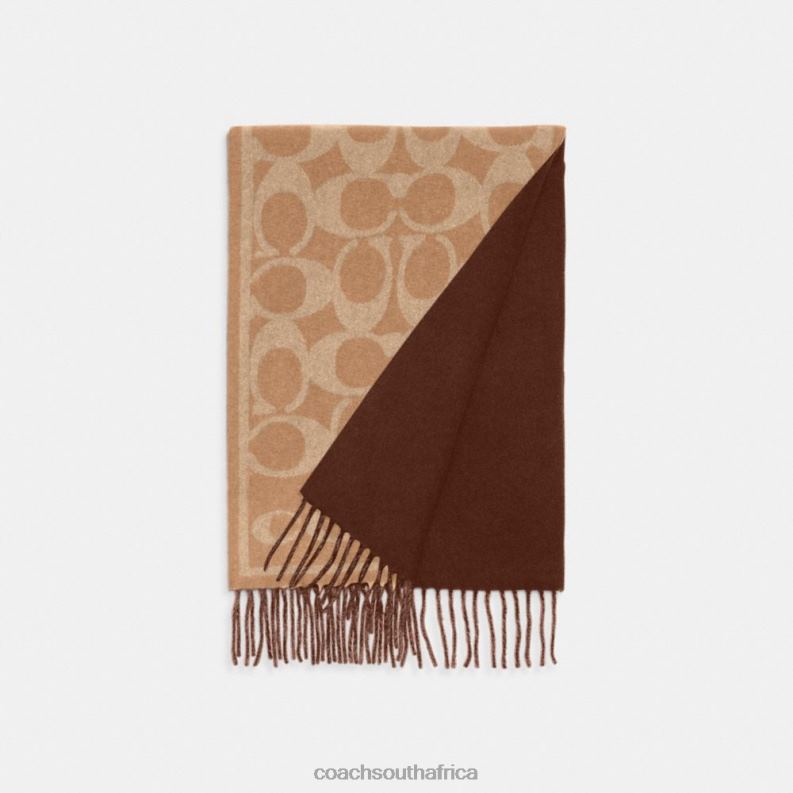 Coach Women REVERSIBLE SIGNATURE CASHMERE MUFFLER Camel 4ZRDJ553