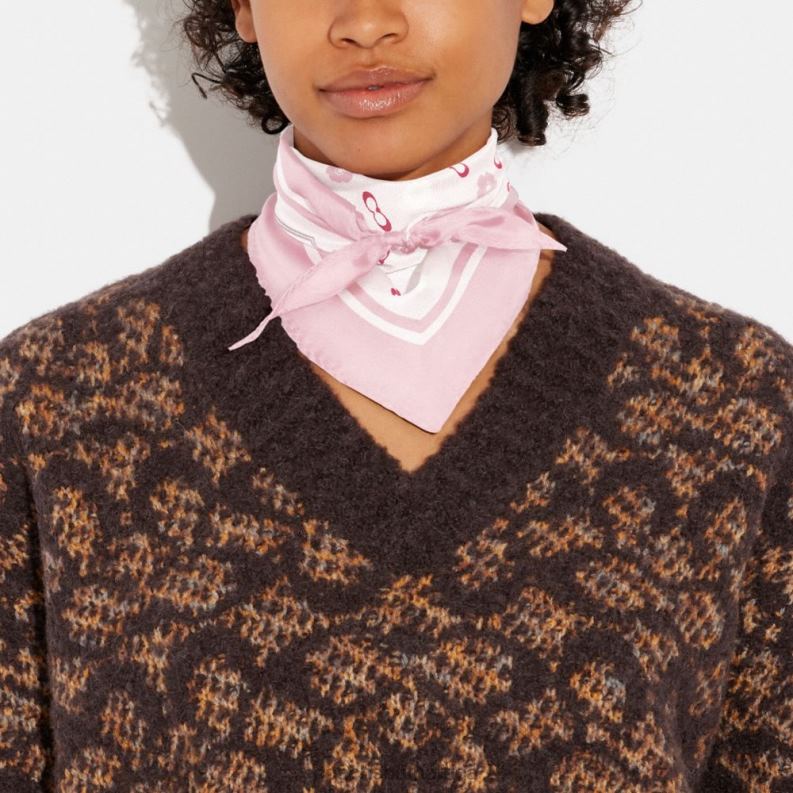 Coach Women TEA ROSE PRINT SILK DIAMOND SCARF Flower Pink 4ZRDJ609