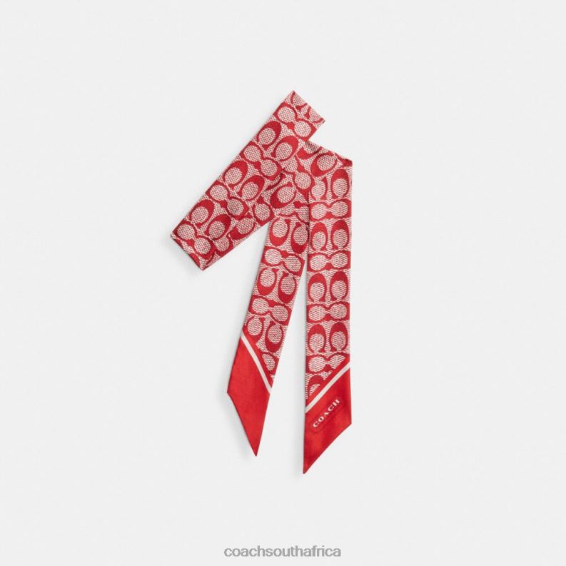 Coach Women VINTAGE SIGNATURE PRINT SILK SKINNY SCARF Sport Red 4ZRDJ546