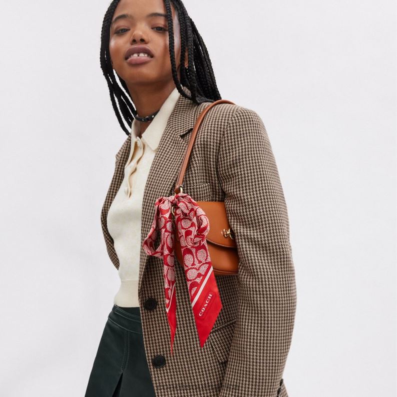 Coach Women VINTAGE SIGNATURE PRINT SILK SKINNY SCARF Sport Red 4ZRDJ546