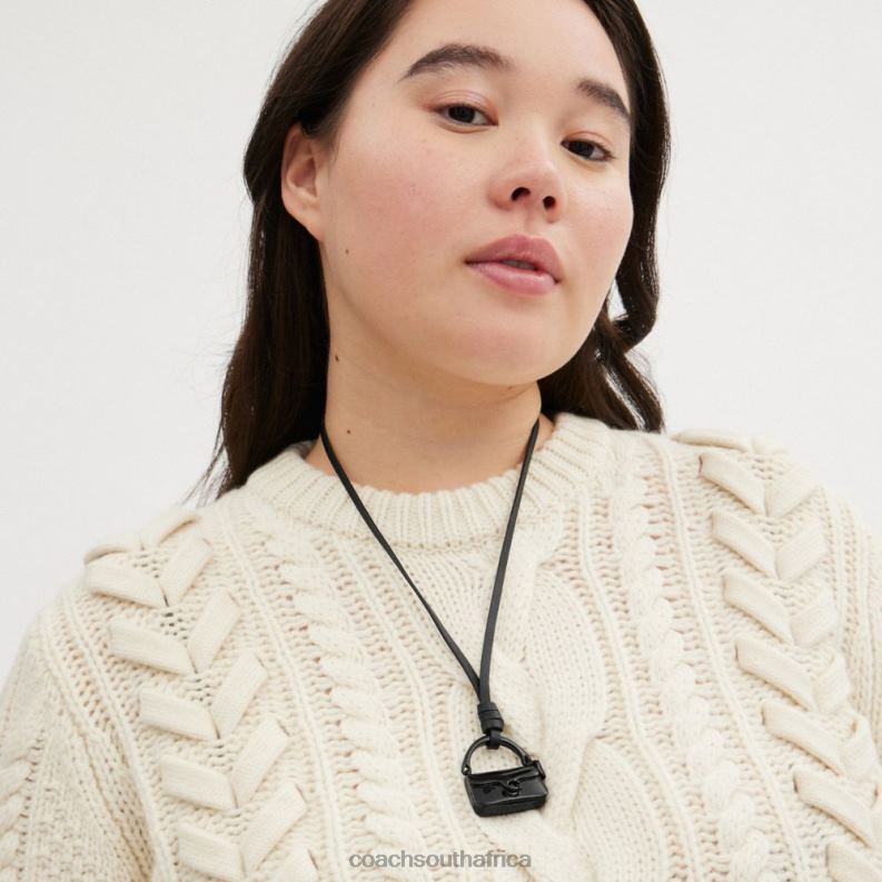 Coach Women HANDBAG LEATHER NECKLACE Black 4ZRDJ536