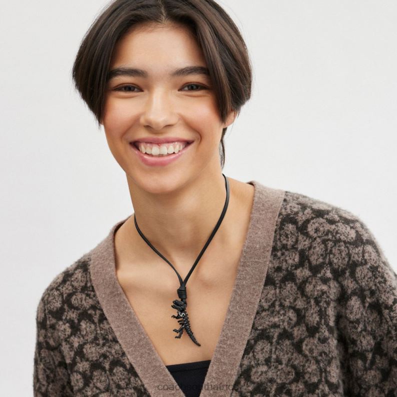 Coach Women SKELETAL REXY LEATHER NECKLACE Black 4ZRDJ535