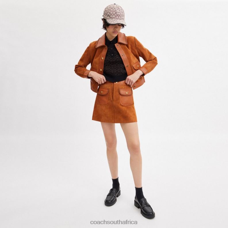 Coach Women BRAIDED SUEDE MINI SKIRT Burnished Amber 4ZRDJ513