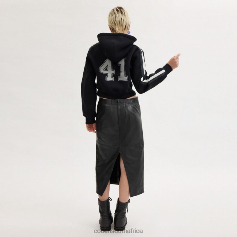 Coach Women LONG LEATHER SKIRT Black 4ZRDJ509