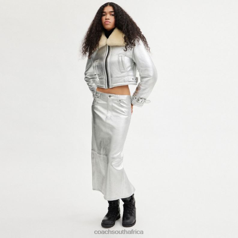 Coach Women METALLIC LEATHER LONG SKIRT Silver Multi. 4ZRDJ507