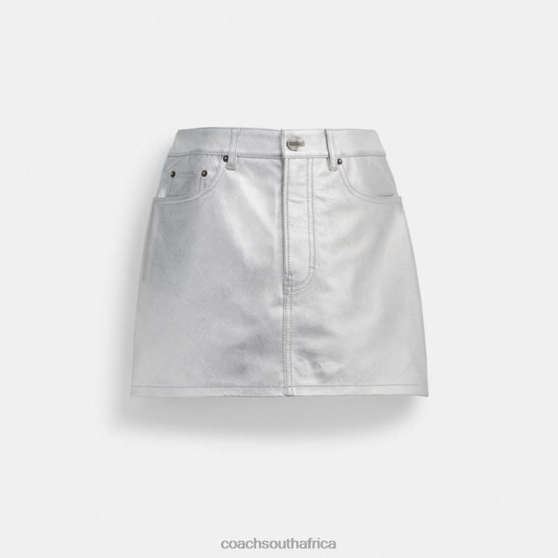 Coach Women METALLIC LEATHER MINI SKIRT Silver 4ZRDJ510