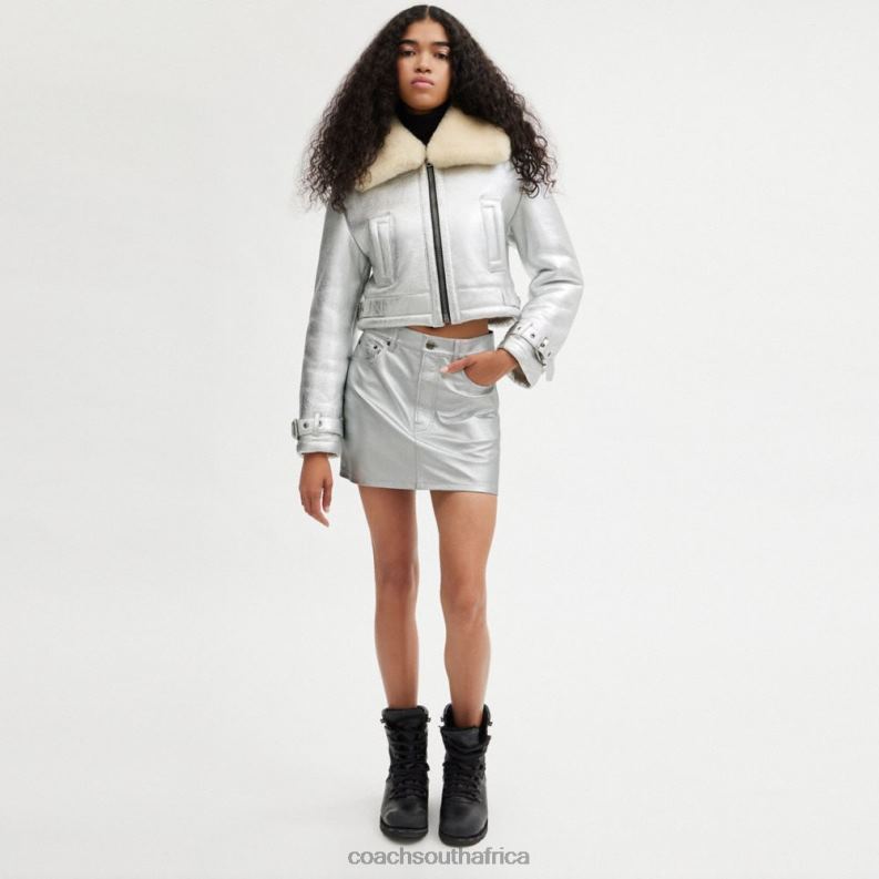 Coach Women METALLIC LEATHER MINI SKIRT Silver 4ZRDJ510
