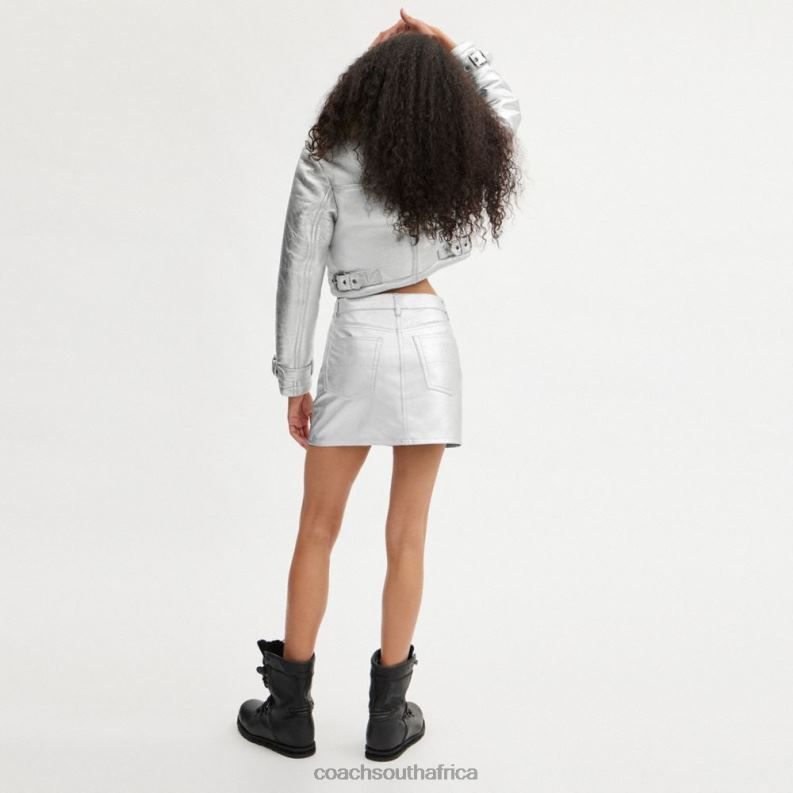 Coach Women METALLIC LEATHER MINI SKIRT Silver 4ZRDJ510