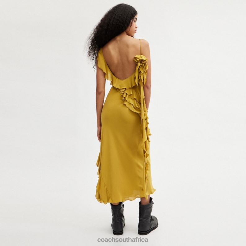 Coach Women BIAS DRESS WITH RUFFLE NECKLINE Dark Yellow 4ZRDJ520