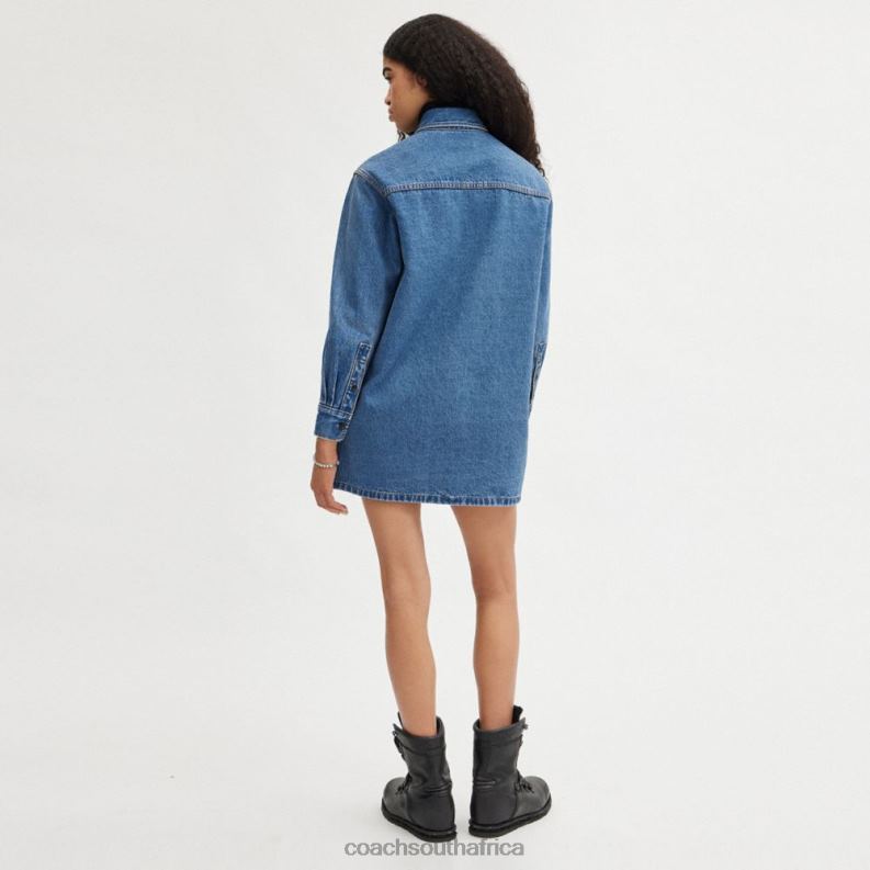 Coach Women DENIM SHIRT DRESS Indigo Blue 4ZRDJ521