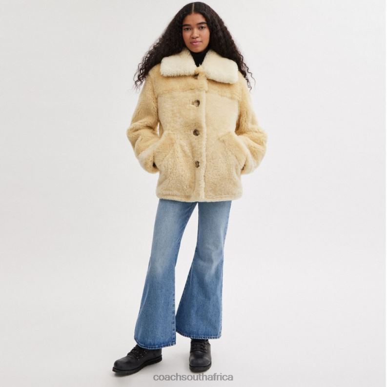 Coach Women ALL OVER COLORBLOCK SHEARLING COAT IVORY MULTI 4ZRDJ442