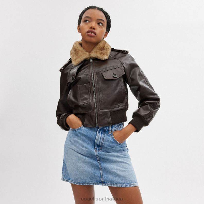 Coach Women CROPPED LEATHER JACKET Brown 4ZRDJ435