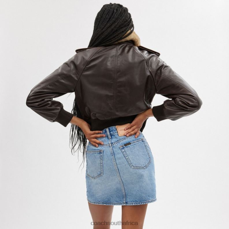 Coach Women CROPPED LEATHER JACKET Brown 4ZRDJ435