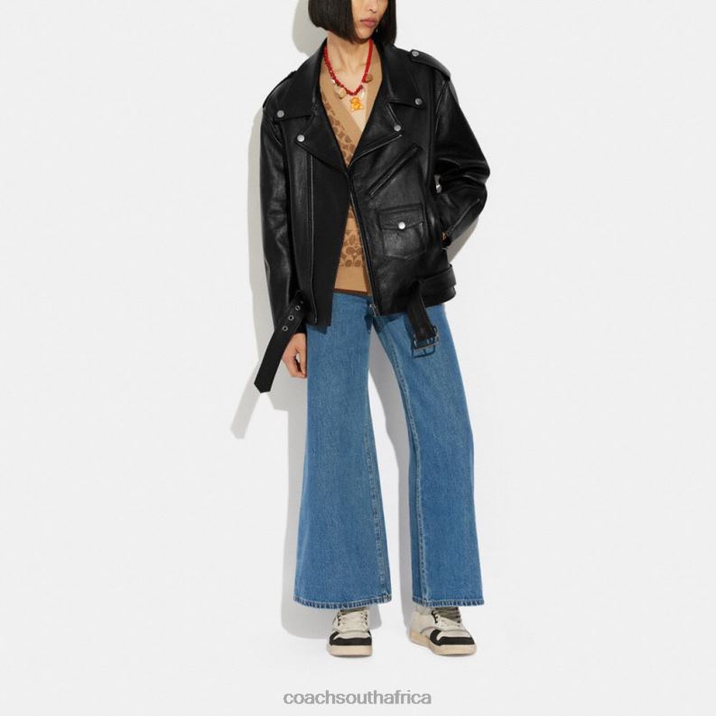 Coach Women OVERSIZED LEATHER BIKER JACKET Black 4ZRDJ465