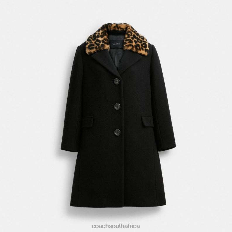 Coach Women WOOL COAT WITH SHEARLING COLLAR Black 4ZRDJ449