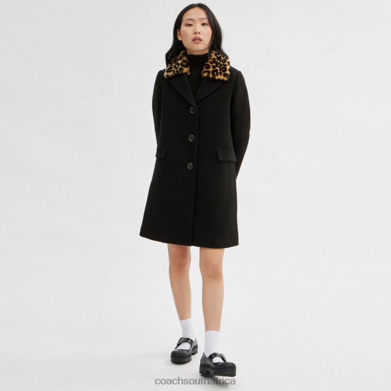 Coach Women WOOL COAT WITH SHEARLING COLLAR Black 4ZRDJ449