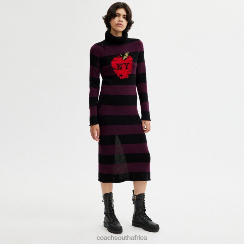 Coach Women NEW YORK APPLE DISTRESSED SWEATER DRESS Black Multi. 4ZRDJ489