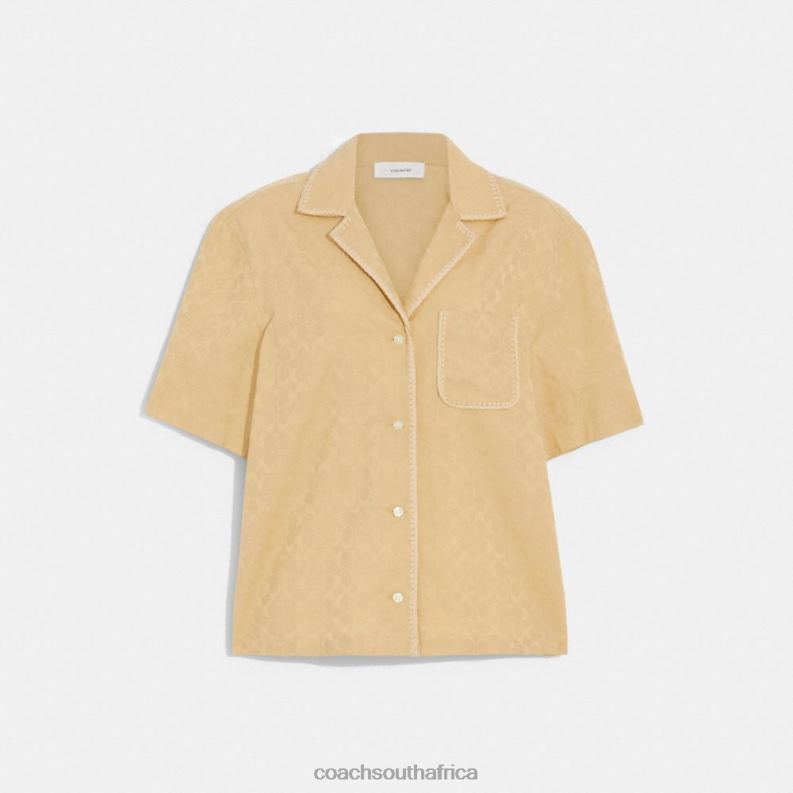 Coach Women SIGNATURE JACQUARD CROCHET TRIM SET BUTTON DOWN SHIRT Tan Signature 4ZRDJ500