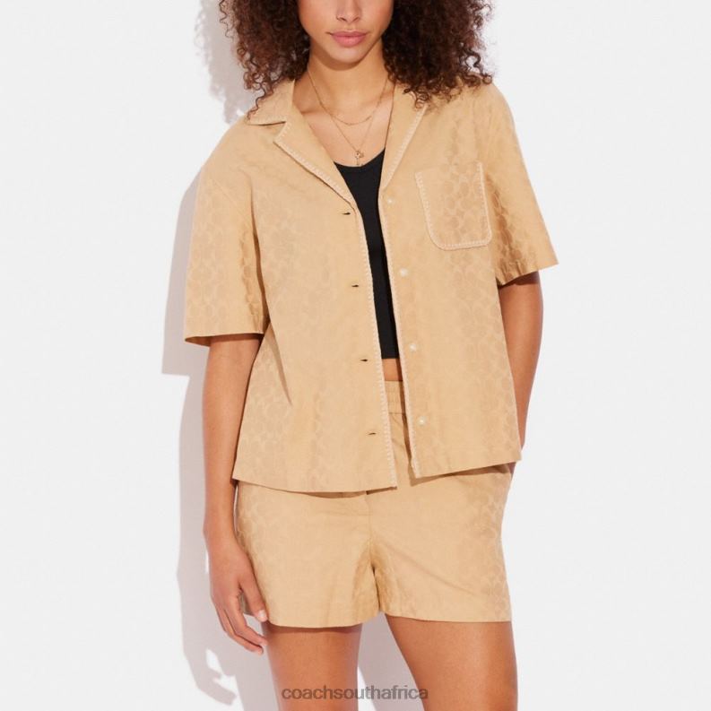Coach Women SIGNATURE JACQUARD CROCHET TRIM SET BUTTON DOWN SHIRT Tan Signature 4ZRDJ500