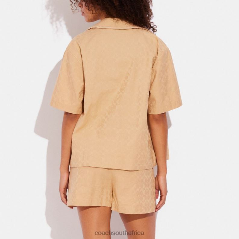 Coach Women SIGNATURE JACQUARD CROCHET TRIM SET BUTTON DOWN SHIRT Tan Signature 4ZRDJ500